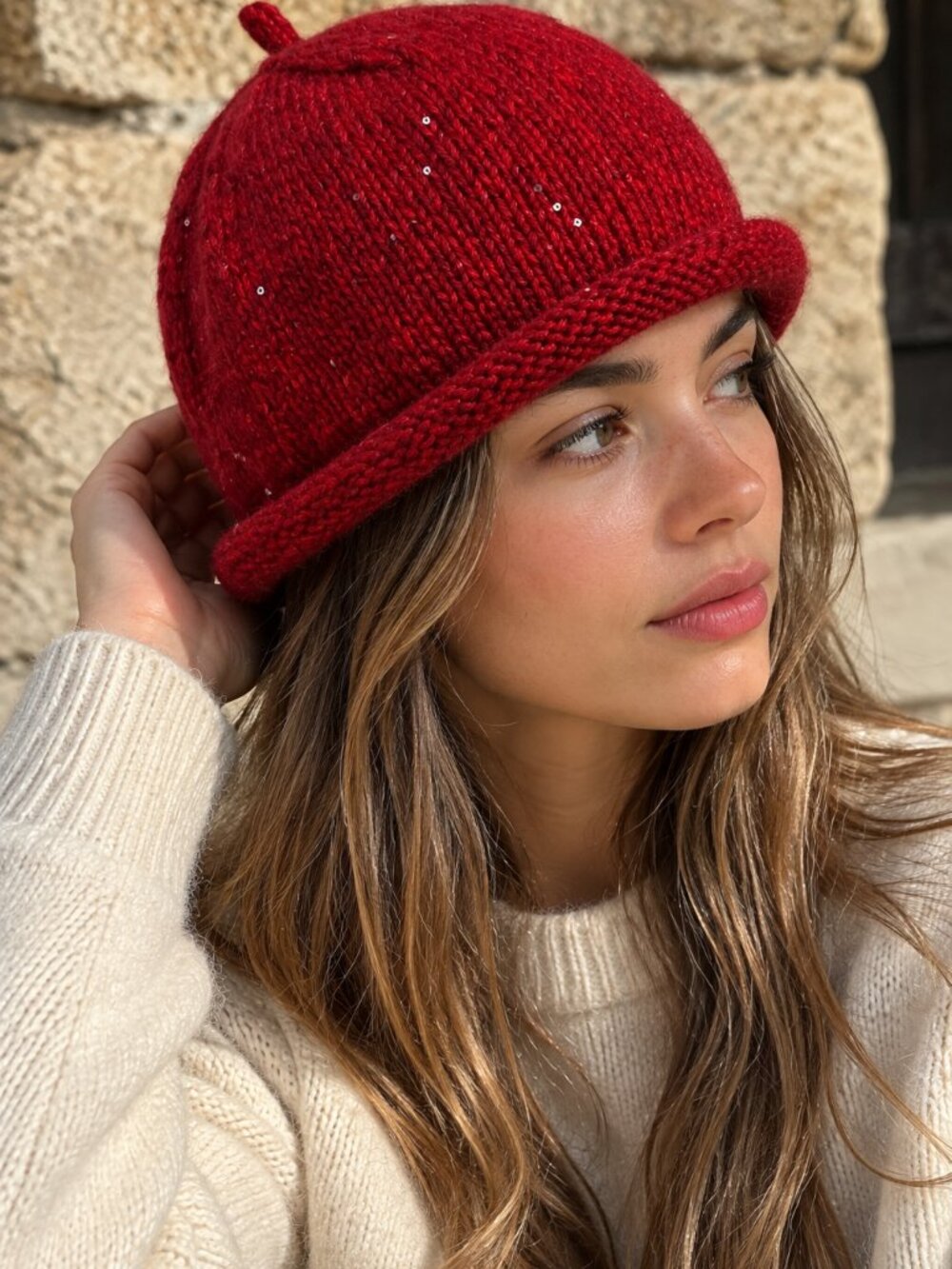 Handmade Red Knit Beanie Hat Rolled Brim Sparkle Winter Cap